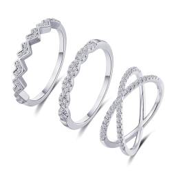 FUNEIA 3 Stück Ring Silber Damen Frauen Stapelbare Ringe Set 18 Karat Weißgold Ehering Verlobungsring Trauringe Weiß Zirkonia Fingerring Knöchelringe Schmuck Größe 49-62 (Silber Set A, 54（17.3）) von FUNEIA