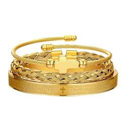 FUNEIA 3 Stücke Edelstahl Armbänder für Herren Charm Armband Herren Verstellbare Armbänder Männer Luxus Roman Royal Crown Schmuck Geschenke (Kreuz-Gold) von FUNEIA