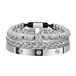 FUNEIA 3 Stücke Edelstahl Armbänder für Herren Luxus Roman Royal Crown Charm Armband öffnen verstellbare Herren Luxus Schmuck Geschenke von FUNEIA