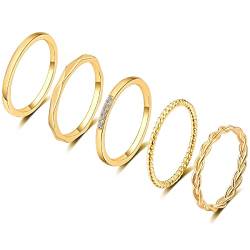 FUNEIA 5 Stück 14 Karat Vergoldet Ringe Set für Frauen Knuckle Ring Gold Damen Band Ringe Fingerring Stacking Stapelbarer Ring Midi Ring Twist Eternity Bänder Größe von FUNEIA
