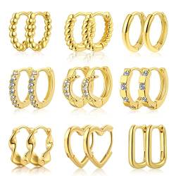 FUNEIA 6-9 Paar Klein Creolen Gold Ohrringe Damen 14K Vergoldet Ohrringe Set Mini Creolen Gold Nickelfrei Hypoallergene Twisted Knorpel Creolen Mit AAA Zirkonia Schmuckset von FUNEIA