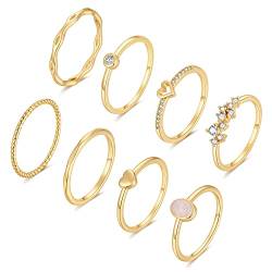 FUNEIA 8 Stück 14 Karat Vergoldet Ringe Set Gold Damen Stapelringe Fingerring Gold Sliver für Frauen Herz CZ Dünn Verlobungsring Eheringe Goldene Ringe Set Wasserfest Schmuck (Gold Set, 60（18.9）) von FUNEIA