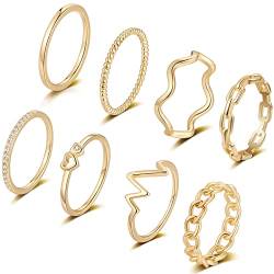 FUNEIA 8 Stück 14 Karat Vergoldet Ringe Set Gold Damen Stapelringe Fingerring Gold Sliver für Frauen Herz CZ Dünn Verlobungsring Eheringe Goldene Ringe Set Wasserfest Schmuck (Gold Set 1, 60（18.9）) von FUNEIA