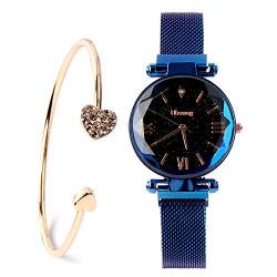 FUNGORGT Luxuriöse Quarz-Armbanduhr mit Sternenhimmel-Zifferblatt, Damen-Armbanduhr, magnetisches Netzband, Uhr und Armband-Set, Weihnachten, Valentinstag, C-Blau von FUNGORGT