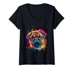 Damen Pug Mops Hund Hunde Hunderasse T-Shirt mit V-Ausschnitt von FUNNY ART