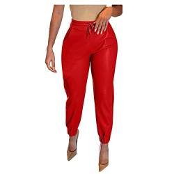 FUPODD Kunstleder Leggings Leichte Sommerhose, Damen Sommerhose Elegant Damen Leder Jogginghose Damen Freizeithose Lederimitat Vintage Hose Damen Mit Kordelzug Lederhose Damen High Waist Mit Bündchen von FUPODD