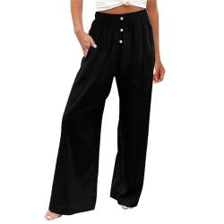 FUPODD Leinenhose Damen Sommerhose Marlenehose Leicht Palazzo Hose High Waist Freizeithose Damen Bequeme Strandhose Mit Gummizug Lounge Hose Mit Seitentaschen Luftig Hosen Frauen Elegant von FUPODD