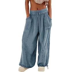 FUPODD Sommerhose Damen Leicht Palazzo Hose Stylische Weite Hose Damen Sommer Mit Kordelzug Freizeithose Weites Bein Trekkinghose Frauen Mit Seitentaschen Sporthose Luftig Jogginghose von FUPODD