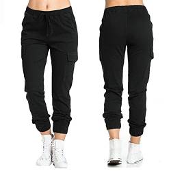 Jogginghose Damen Baggy Cargohose Damen Mit Bündchen Viele Taschen Chinohose Damen Elegant Einfarbig Freizeithose Damen Graue Hose Damenmit Kordelzug Fashion Leinenhose Schwarz Weit Mit Gummizug von FUPODD