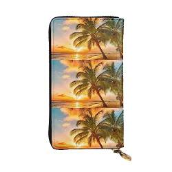 FURLOU Sunset Hawaiian Palm Tree Waves Leather Wallet for Men Women Zip Around Long Purse Credit Card Holder, Black, One Size, Schwarz , Einheitsgröße, Klassisch von FURLOU