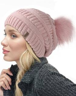 FURTALK Beaniemütze für Frauen Slouch Style Warme Wintermütze mit Kunstpelz Bommel von FURTALK