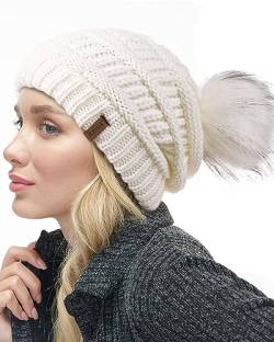 FURTALK Beaniemütze für Frauen Slouch Style Warme Wintermütze mit Kunstpelz Bommel von FURTALK