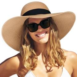 FURTALK Moderner Sommerhut für Frauen UV-Schutz Strohhut mit Breite Krempe Faltbar Sonnenhut UPF50+ Strandkappe von FURTALK