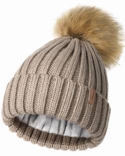 FURTALK Wintermütze warme Strickmütze Damen Mütze mit Kunstpelz Bommel,Rauchgrau,Einheitsgröße von FURTALK