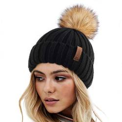 FURTALK Wintermütze warme Strickmütze Damen Mütze mit Kunstpelz Bommel von FURTALK