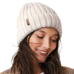 FURTALK Womens Knit Beanie Hüte Double Layer Baumwolle gefüttert Chunky Winter Slouch Style Cap, Beige, Einheitsgröße von FURTALK