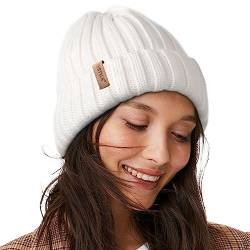 FURTALK Womens Knit Beanie Hüte Double Layer Baumwolle gefüttert Chunky Winter Slouch Style Cap, Weiß, Einheitsgröße von FURTALK