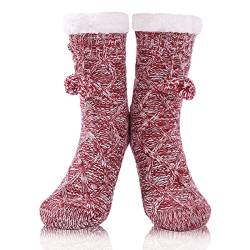 FUSACONY Damen Kuschelsocken Flauschige Pom Pom Stoppersocken mit Anti Rutsch Noppen Warme Wintersocken Bettsocken Weiche Weihnachtssocken Geschenke Plüsch Haussocken 35-42 (Rot) von FUSACONY