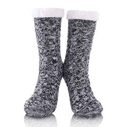 FUSACONY Damen Stoppersocken mit Anti Rutsch Noppen, Winter Warme Soft Kuschelsocken Haussocken Socken - Wintersocken mit Anti Rutsch Noppen - Dicke Haussocken Weihnachtssocken 35-42 (Grau&weiß) von FUSACONY