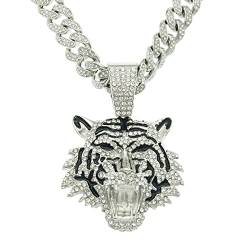 FUSHENGTER Halsketten Herren Hip hop Ketten Anhänger Frauen damenkette Rapper Dreidimensionale Halskette mit Tigerkopf-Anhänger, trendiger Nachtclub, personalisierter Herrenanhänger, Silber, 45 cm von FUSHENGTER