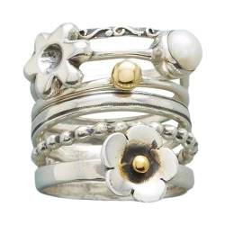 FUSHENGTER Ring Herren Ringe Männer Fingerring Damen Biker Ring Ehering Trendiges schlichtes Ring-Set für Damen, elegante Blumen-Perlen-Fingerringe, Zubehör, 9 Silber von FUSHENGTER