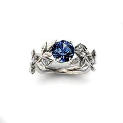 FUSHENGTER Ringe Damen Ring Frauen Geschenk Herren Trendy Geschnitzte Olivenblätter Ringe Für Frauen Exquisite Blaue Zirkon-Steine-Ringe 7 Blau von FUSHENGTER