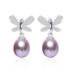 Ohrringe Damen Ohrstecker Frauen Geschenk Natürliche Perlen-Ohrringe, Schmetterling, Modische Süßwasserperle Für Damen, 8–9 Mm, Lila von FUSHENGTER