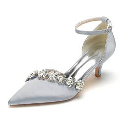 Damen Satin Bridal Hochzeitsschuhe Spitze Stöckel Absatz Pumps 6cm Party Kleid Schuhe Sandalen,Silber,41 EU von FUSIVE