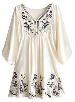 FUTURINO Damen Sommerkleid Bohemian Stickerei Floral Tunika Shift Bluse Flowy Minikleid,Flower Beige,L von FUTURINO