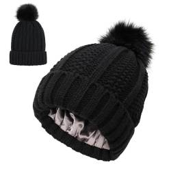 FUXNGZI No Static-No frizz-No Tangle Hat, Laden Damen Winter Warm Beanie Mütze Strickmütze mit Satin Gefüttert Thermo Wintermütze Lässig Mützen Cap (Maschenware, 2) von FUXNGZI