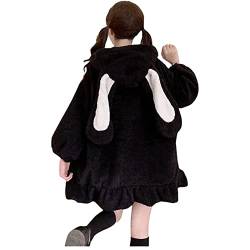 Damen Kawaii Bunny Ear Fuzzy Hoodie Langarm Kaninchen Oversize Tops Sweatshirt Hoodie Jacke Mäntel Y2k (Color : Black, Size : XXL) von FUZUAA