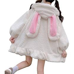 Damen Kawaii Bunny Ear Fuzzy Hoodie Langarm Kaninchen Oversize Tops Sweatshirt Hoodie Jacke Mäntel Y2k (Color : White, Size : M) von FUZUAA