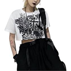 Damen Tank Top Y2K Bedruckte T-Shirts Bauchfreie Ärmellos Oberteile Crop Top Sexy Sommer Shirts 90er Vintage E-Girl Teenager Mädchen Grunge Gothic Camisole (Color : White, Size : L) von FUZUAA