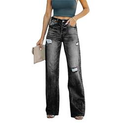 Damen Zerrissene Jeans Mid Rise Fitted Jeanshose Damen Moderne Gerade Jeans Damen Zerrissene Jeans Bequeme Hose Destroyed Jeans im Used-Look Mit Löchern (Color : Black, Size : S) von FUZUAA