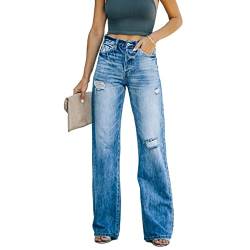 Damen Zerrissene Jeans Mid Rise Fitted Jeanshose Damen Moderne Gerade Jeans Damen Zerrissene Jeans Bequeme Hose Destroyed Jeans im Used-Look Mit Löchern (Color : Blue, Size : XXL) von FUZUAA