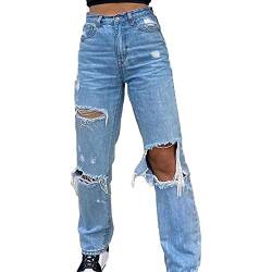 FUZUAA Damen Einfarbig Hohe Taille ​Zerrissene Destroyed Jeans Baggy Boyfriend Stil Jeanshosen mit Weites Bein Lose Denim Hose mit Geradem Bein Risse Ripped Jeans (Color : Blue, Size : M) von FUZUAA