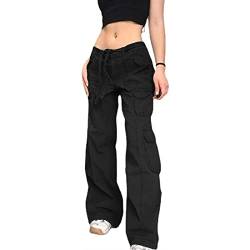 FUZUAA Damen Low Waist Cargo Jeans Gerade Breites Bein Baggy Denim Hosen Y2k Indie Aesthetic Vintage Jeanshosen 90er Streetwear (Color : Black, Size : L) von FUZUAA