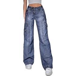 FUZUAA Streetwear Vintage Cargo Jeans Damen Taschen Hohe Taille Mode Baggy Braune Hosen Ästhetische Grunge Hosen (Color : Blue, Size : L) von FUZUAA