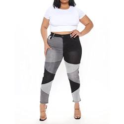 FUZUAA Stretchy Patchwork Jeans Damen Trendy Elastische Taille Zweifarbige Jeans Denim Hosen (Color : Black, Size : XXL) von FUZUAA