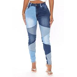 FUZUAA Stretchy Patchwork Jeans Damen Trendy Elastische Taille Zweifarbige Jeans Denim Hosen (Color : Blue, Size : M) von FUZUAA