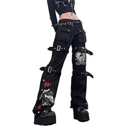 Gothic Cargo Jeans für Frauen Wide Straight Leg Punk Grunge Baggy Pants Gothic Ästhetische Hose Y2k Streetwear mit Taschen (Color : Black, Size : XL) von FUZUAA