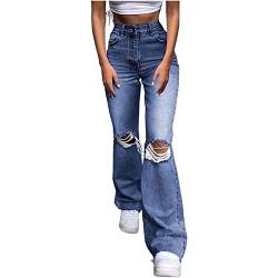 Jeans für Damen Hohe Taille All-Matching Jeans Damen Lässige Lose Hosen Zerrissene Jeans Damen Weites Bein Schlaghose Lose Hochtaillierte Jeanshose Y2k 90er Jahre Hosenhose ( Color : Blue , Size : L ) von FUZUAA