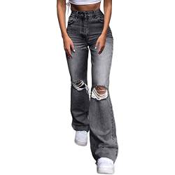 Jeans für Damen Hohe Taille All-Matching Jeans Damen Lässige Lose Hosen Zerrissene Jeans Damen Weites Bein Schlaghose Lose Hochtaillierte Jeanshose Y2k 90er Jahre Hosenhose ( Color : Gray , Size : S ) von FUZUAA