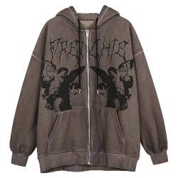 Street Hip-Hop Frauen Angel Print Brown Zipper Hoodie Frauen Y2K Harajuku Punk Übergroße Jacke Sweatshirt Weiblich (Color : Brown, Size : L) von FUZUAA