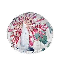 Duschhaube, Aquarell-Muster, rote Köpfe, Kranich, Chrysantheme, doppelte wasserdichte Badekappe, elastische, wiederverwendbare Duschhaube, Badekappen, Schlummertrunk von FUkker