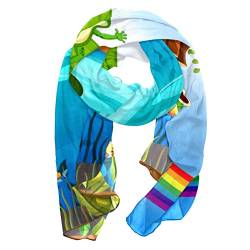 Damen-Seidenschal, weicher Schal, lang, leicht, Frosch- und Regenbogenkarikatur von FVQL