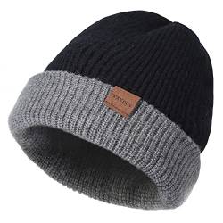 FVXYnnv Beanie Strickmütze für Damen und Herren, Warm Doppellagig Schwarz Grau Slouch Haube Weiche Winter Cuffed Knitted Hat von FVXYnnv