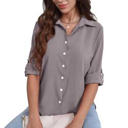 FWAY Damen Hemd Freizeit Bluse 3/4 Ärmel Chiffon Elegant Hemdbluse zum Knöpfen V-Ausschnitt Langarmshirt Causal Oberteile Oberteil Shirt von FWAY