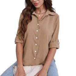 FWAY Damen Hemd Freizeit Bluse 3/4 Ärmel Chiffon Elegant Hemdbluse zum Knöpfen V-Ausschnitt Langarmshirt Causal Oberteile Oberteil Shirt von FWAY