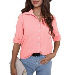 FWAY Damen Hemd Freizeit Bluse 3/4 Ärmel Chiffon Elegant Hemdbluse zum Knöpfen V-Ausschnitt Langarmshirt Causal Oberteile Oberteil Shirt von FWAY